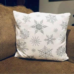 Pillow/Cushion Silver Snowflakes On White Cotton